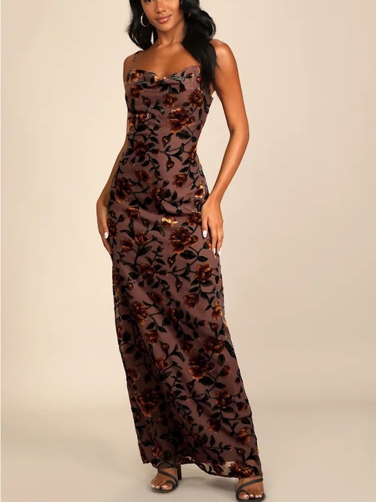 Lulus Dresses & Skirts - Lulu's Strapless Brown Velvet Floral Maxi Dress with Rust Blooms